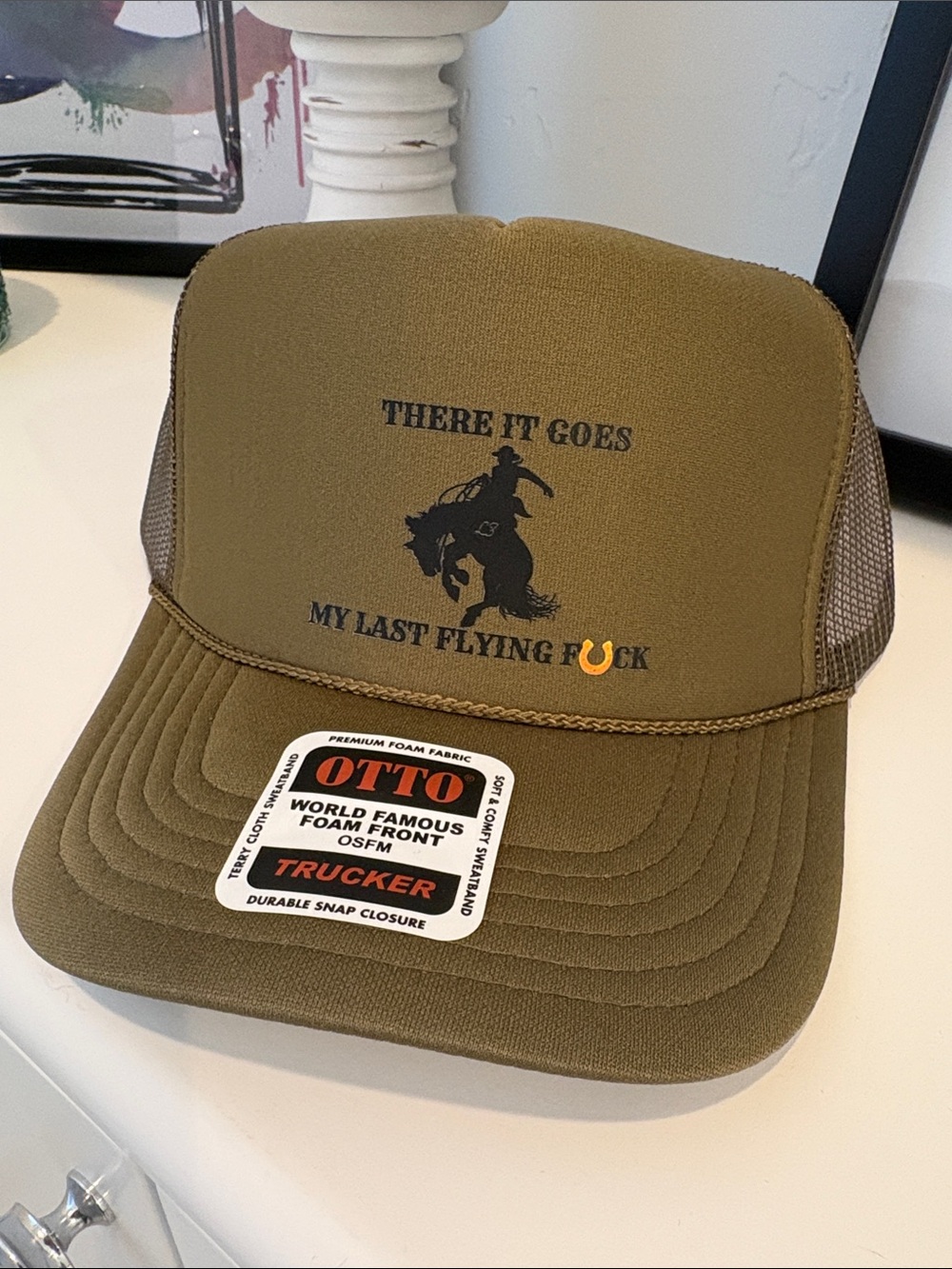 OTTO Olive Trucker Hat with Black Rodeo Graphic